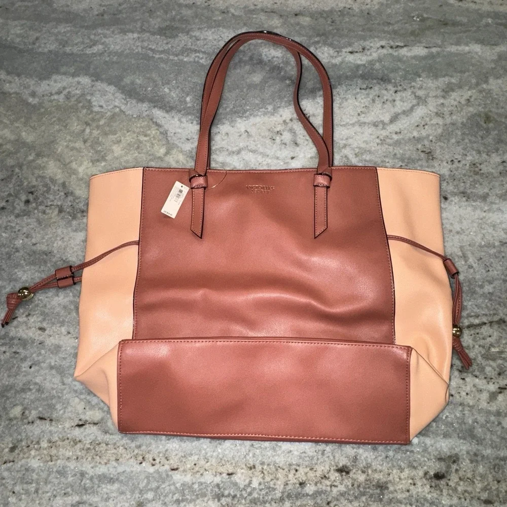 Victoria's Secret Bare Rose Peach Colorblock Faux Leather Large Cinch‎ Tote Bag